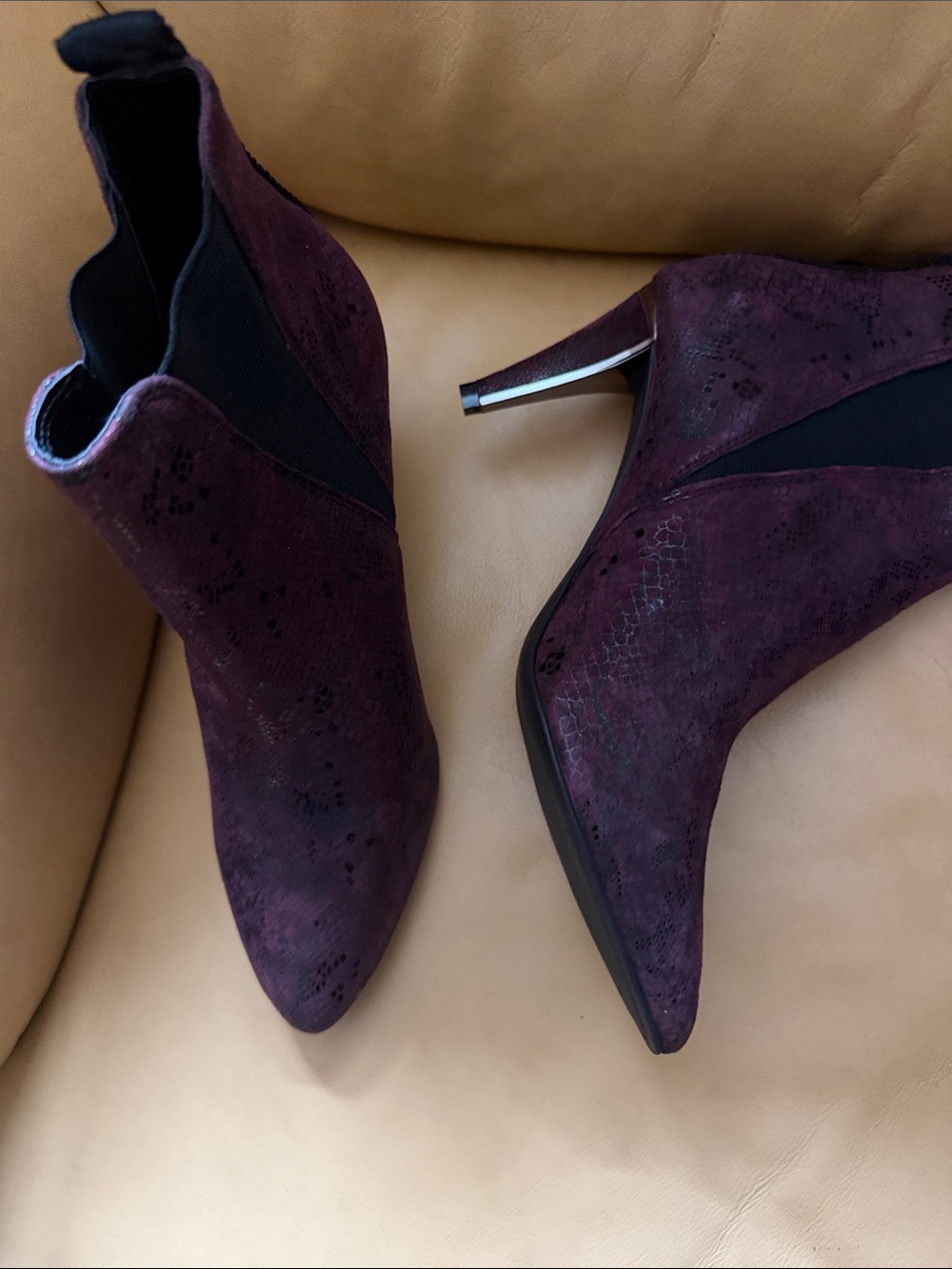 DKNY Plum Suede Pointed Toe Ankle Booties with Side Elastic